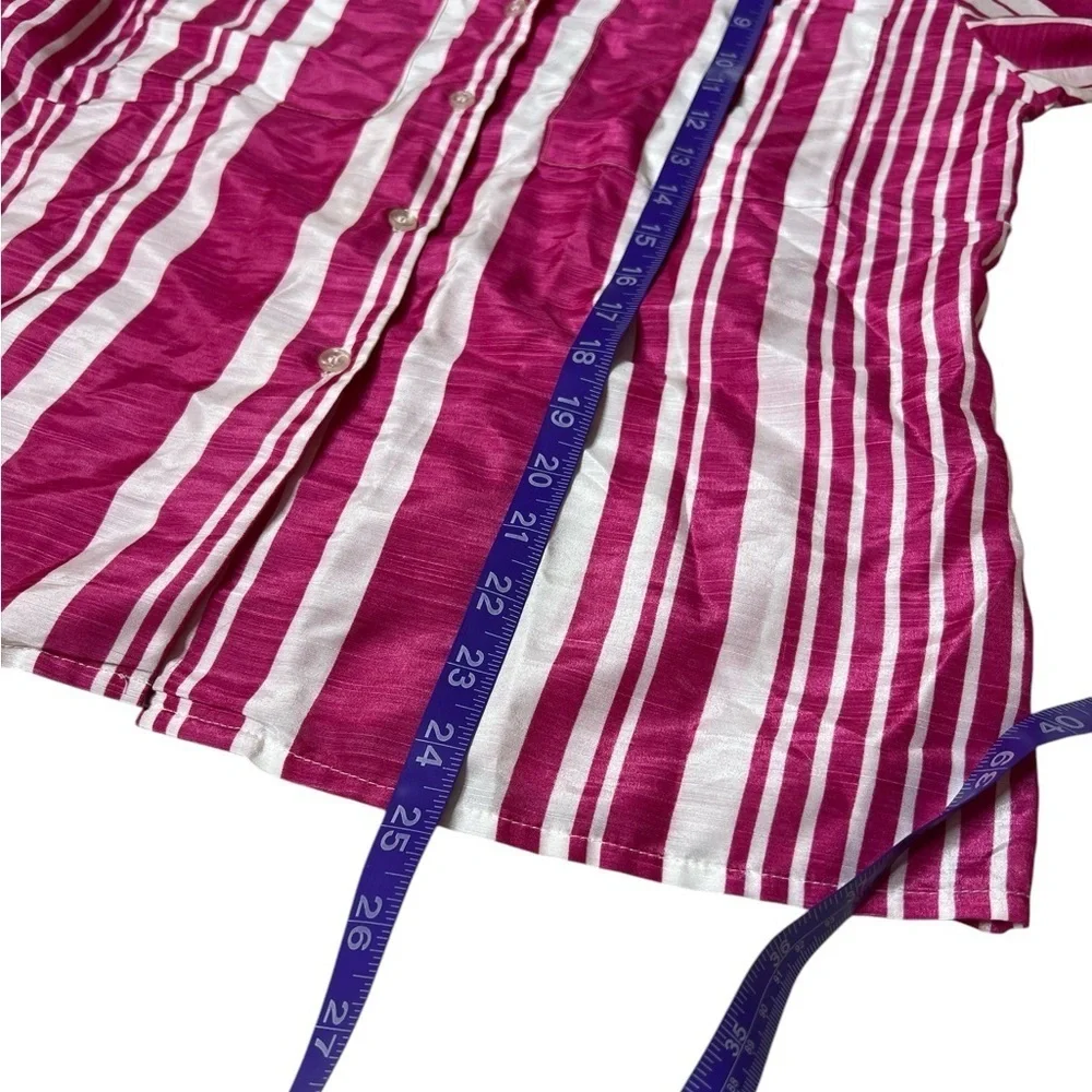 Vintage 80s Pink White Striped Button Up Blouse Women’s Size 12 Retro